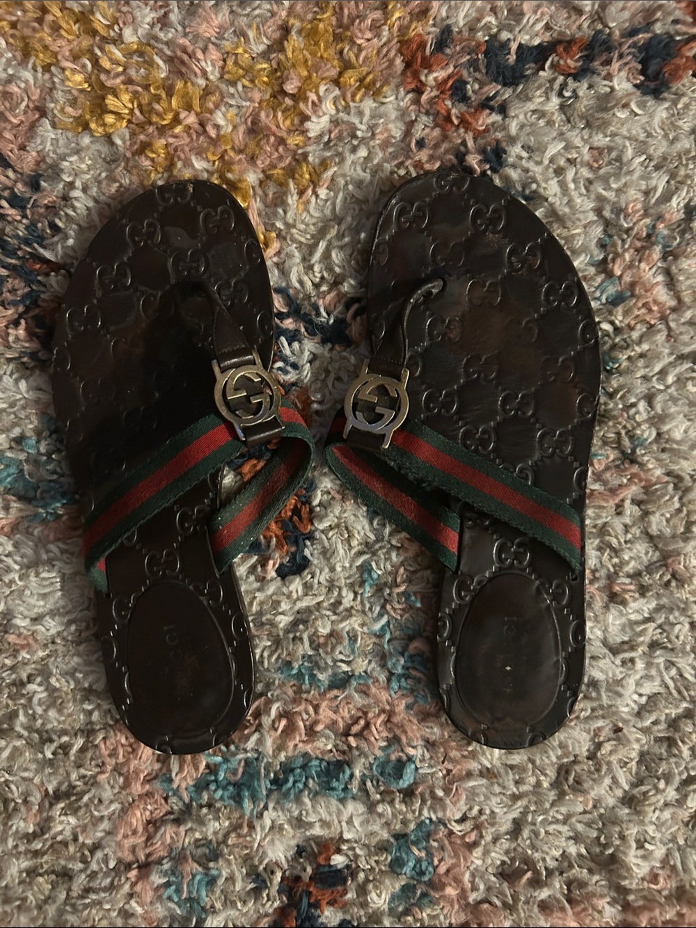 Gucci Brown Leather Sandals with Green and Red Webbing